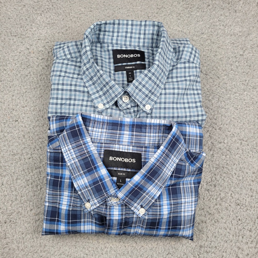 Bonobos Mens L Button Down Shirt Lot 2 Plaid Long Sleeve Casual Cotton